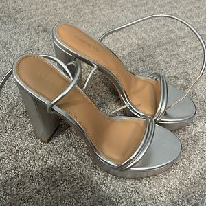 Silver platform strappy heels